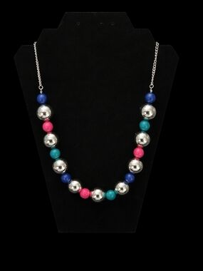 Multicolor Beaded Statement Necklace - Silver, Blue, Teal & Pink